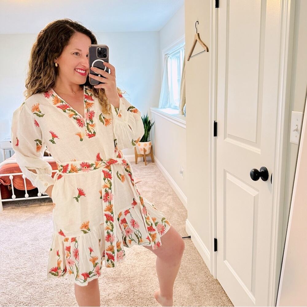 NWT HANNAH Artwear White Orange Pink Linen Floral Embroidered Mini Dress 1 Small